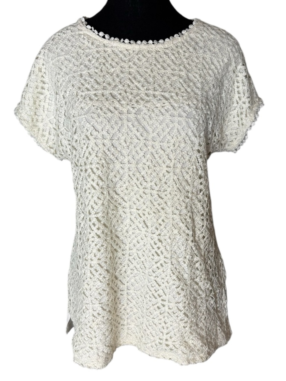 CABLE & GAUGE Cream Crochet Knit Short Sleeve Top Tee Boho Size Large - Picture 2 of 12
